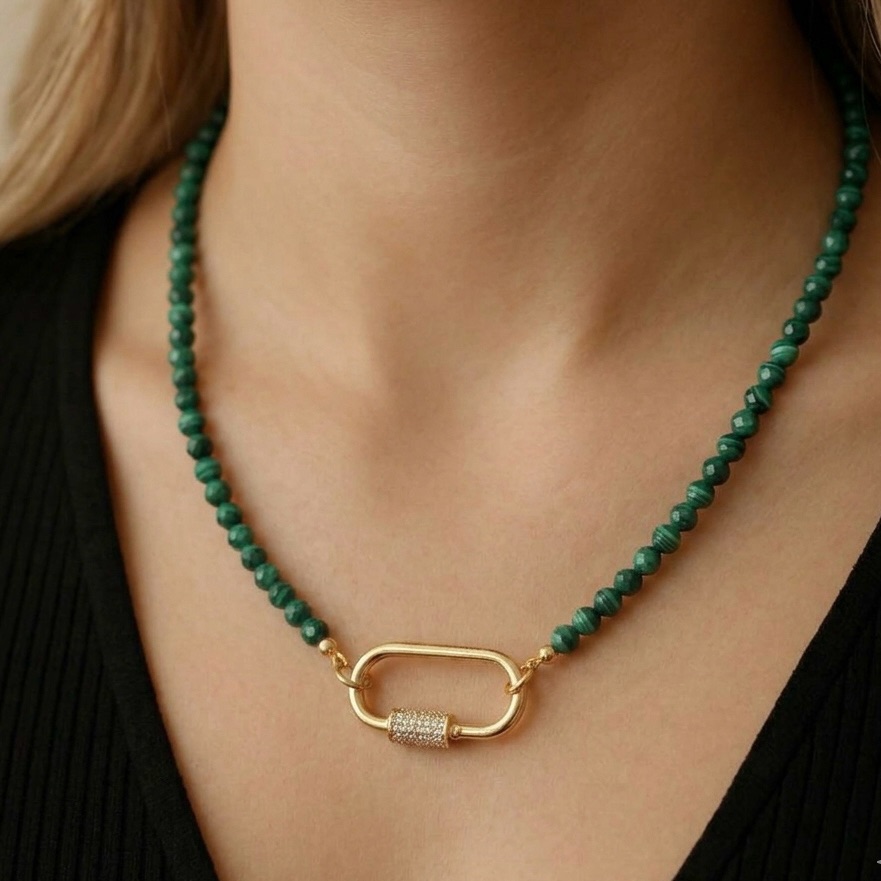 Malachite Beaded Necklace Gold Carabiner Charm Holder Clasp